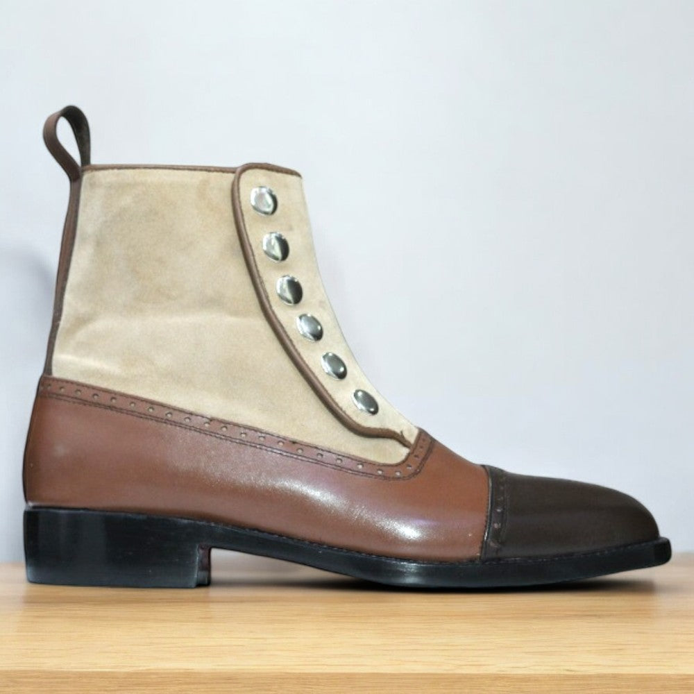 Ankle High Brown Button Boots, Handmade Leather Suede Boots