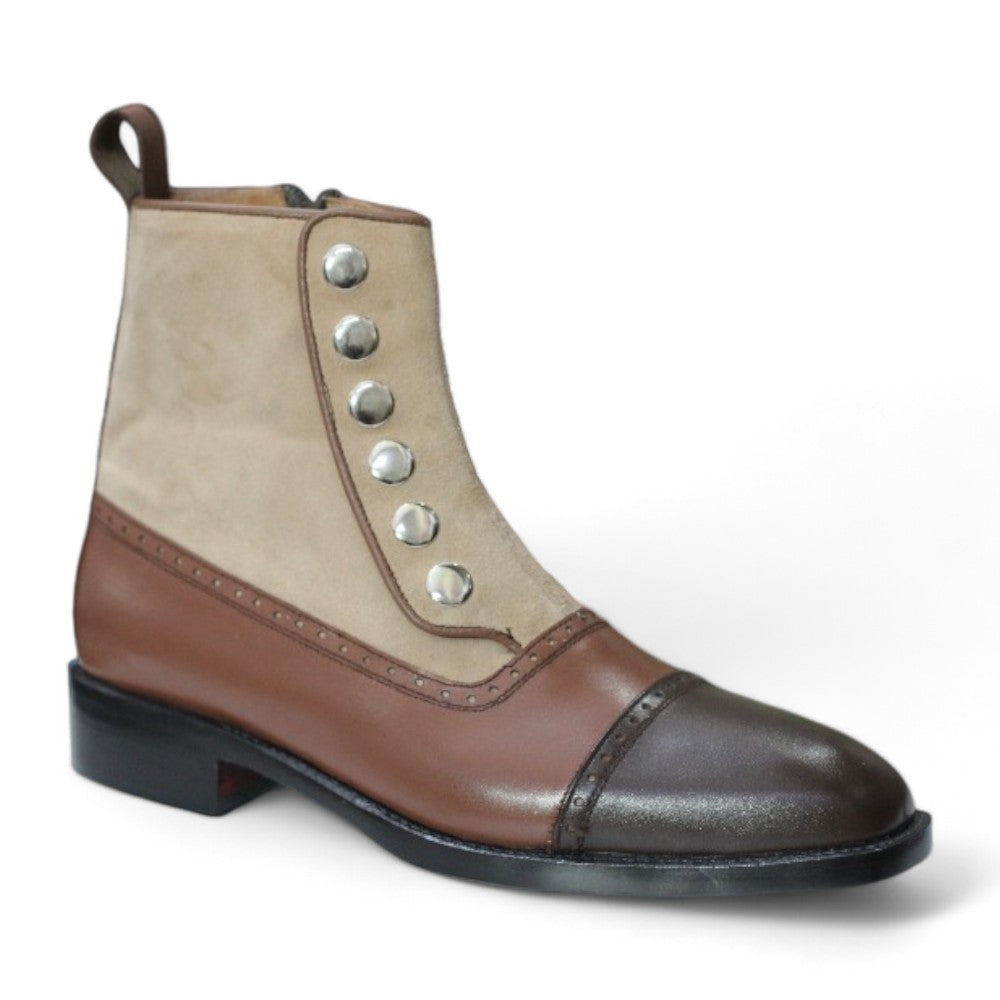 Ankle High Brown Button Boots, Handmade Leather Suede Boots