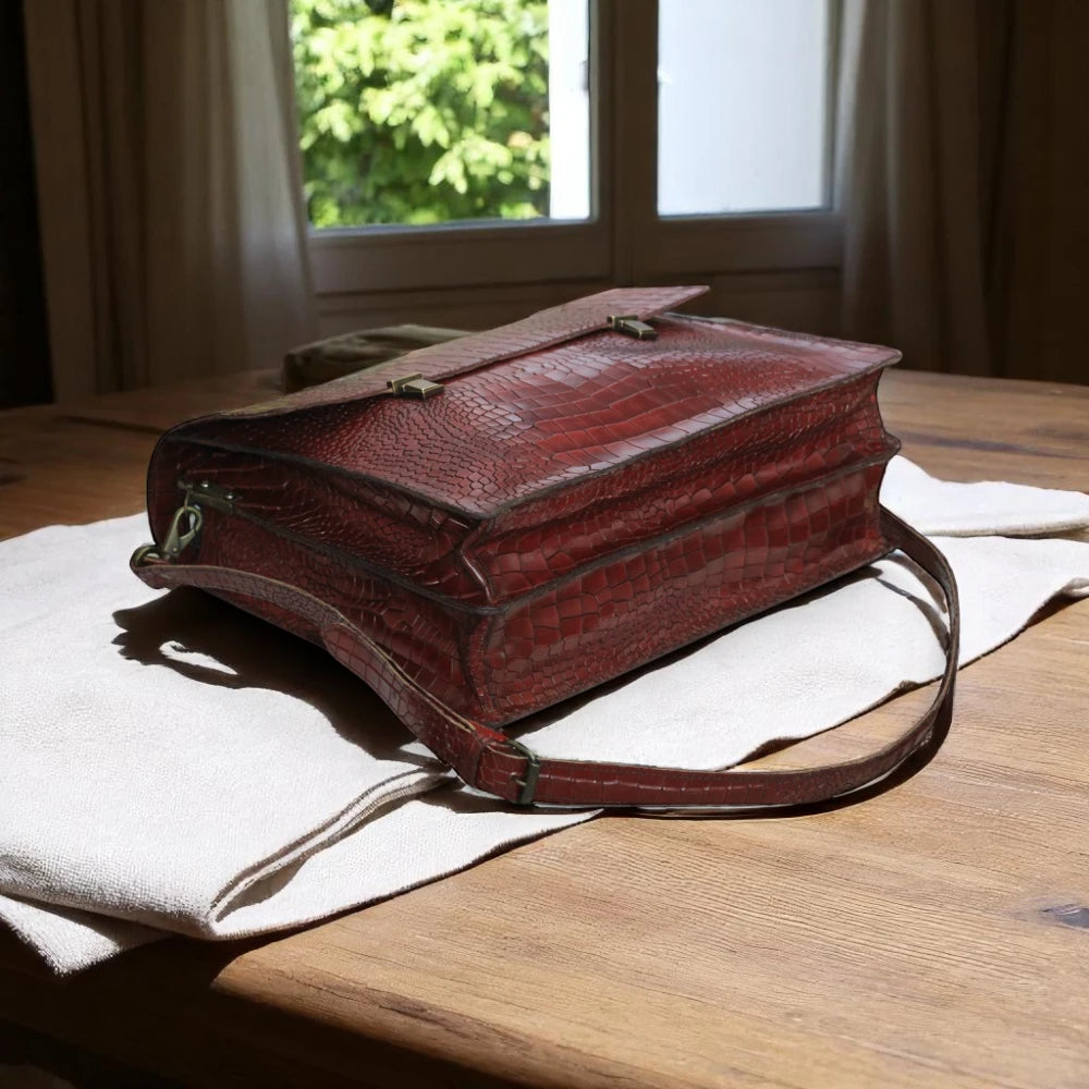 back view of Front Side Burgundy Alligator Leather Bag For Mens