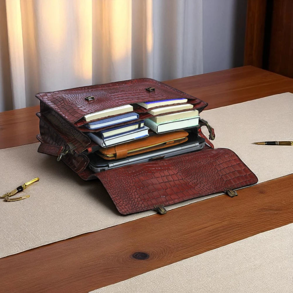 insSide pocket burgundy Alligator Leather Bag For Mens