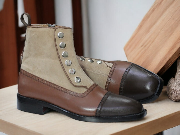 Ankle High Brown Button Boots, Handmade Leather Suede Boots