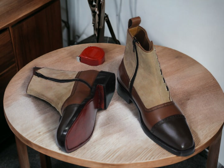 Ankle High Brown Button Boots, Handmade Leather Suede Boots