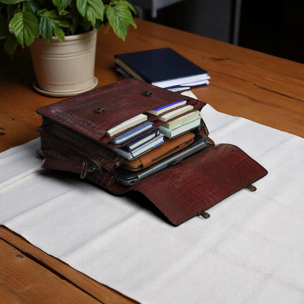 inside pocket burgundy Alligator Leather Bag For Mens