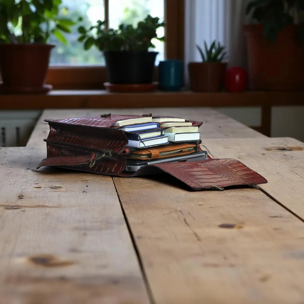 insSide pocket burgundy Alligator Leather Bag For Mens