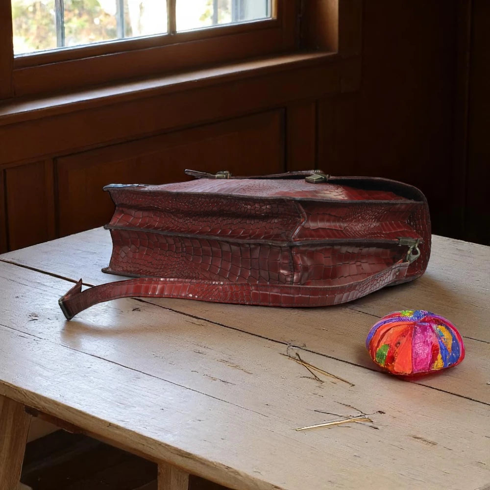Bottom View of  burgundy Alligator Leather Bag For Mens