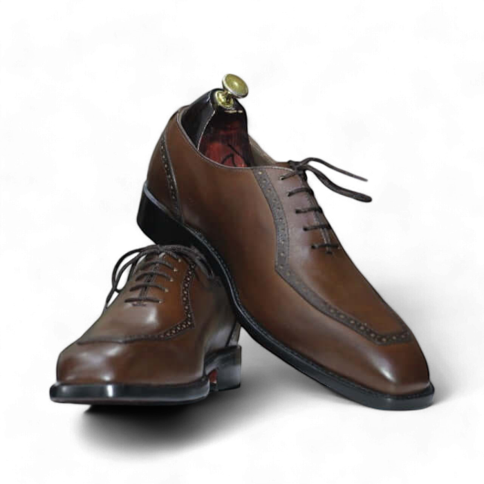 Men's lace-up oxford brown leather dress shoes on a white background