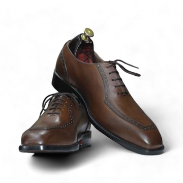 Men's lace-up oxford brown leather dress shoes on a white background