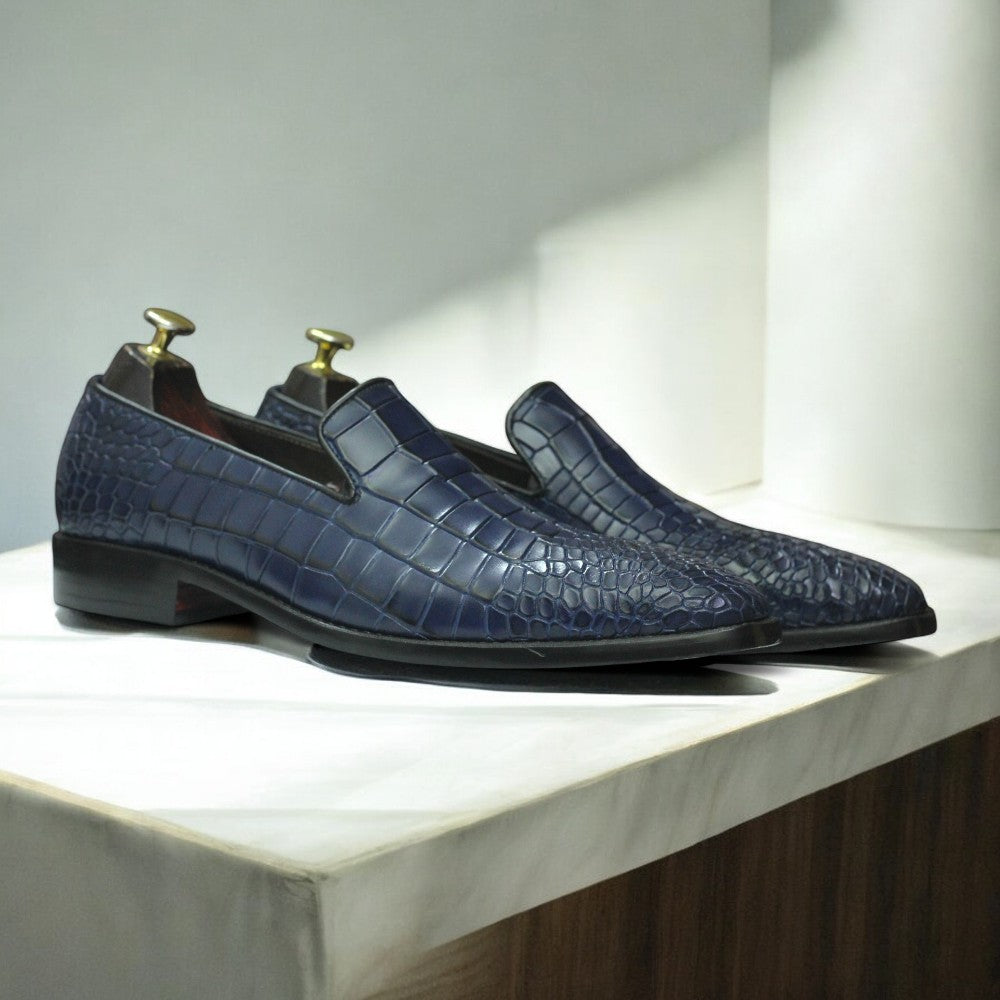 Men's Handmade Navy Alligator Leather Penny Loafers with Leather Sole