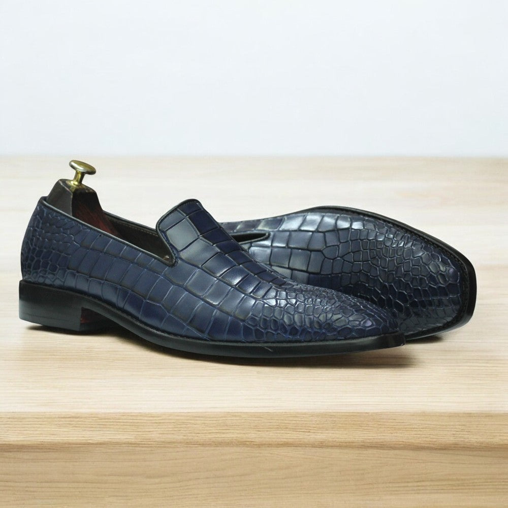 Men's Handmade Navy Alligator Leather Penny Loafers with Leather Sole