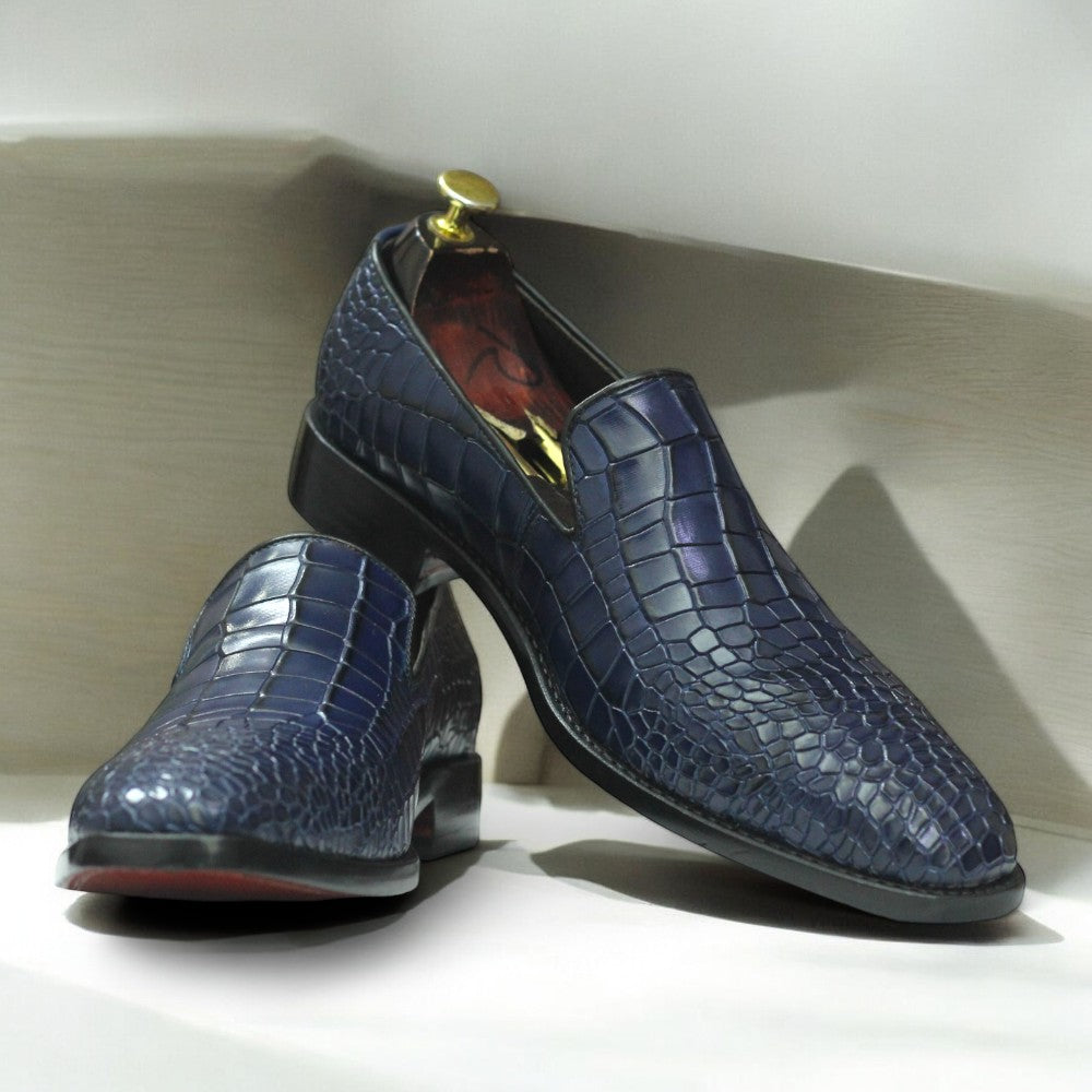 Men's Handmade Navy Alligator Leather Penny Loafers with Leather Sole