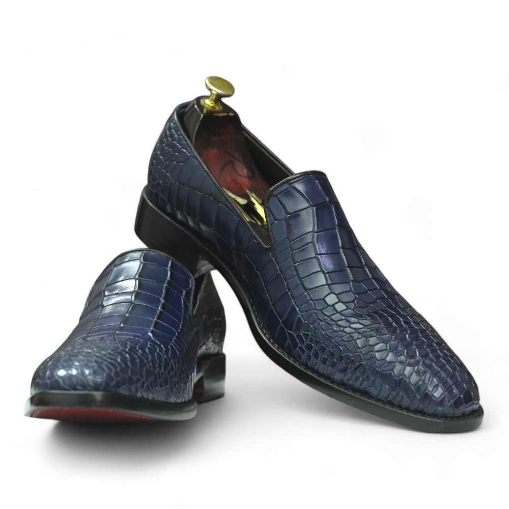 Men's Handmade Navy Alligator Leather Penny Loafers with Leather Sole