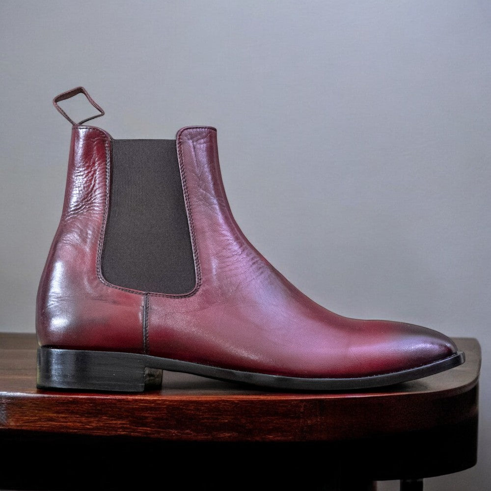 Handcrafted Burgundy Chelsea Boots with elastic side panels and durable sole by Posh foot wears