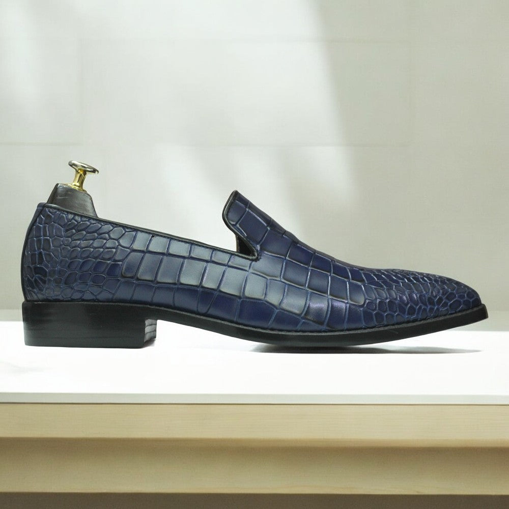 Men's Handmade Navy Alligator Leather Penny Loafers with Leather Sole