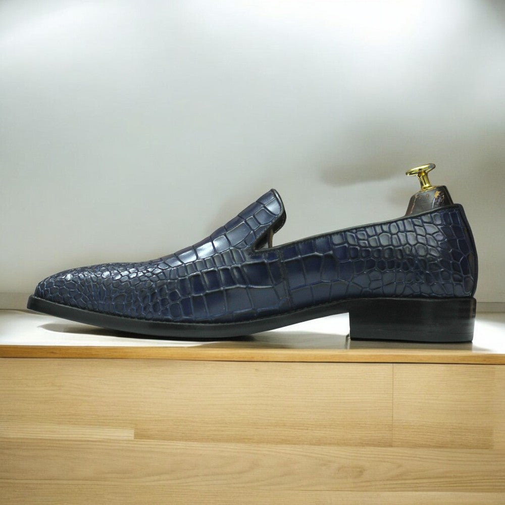 Men's Handmade Navy Alligator Leather Penny Loafers with Leather Sole