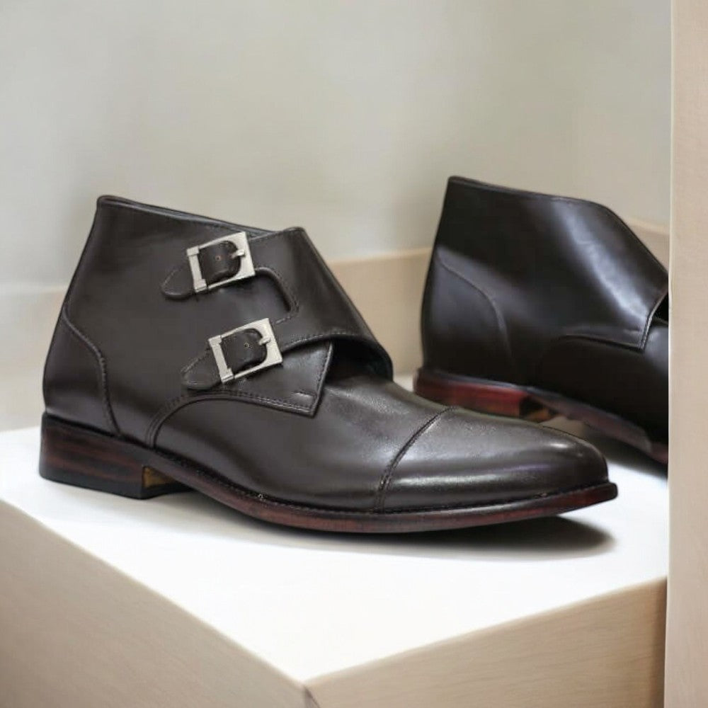 Men's Brown Leather Double Buckle Boots – Stylish and Rugged Footwear for Men