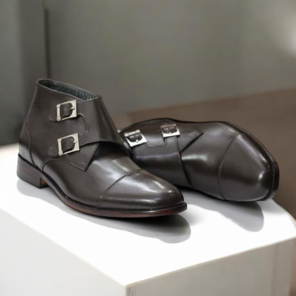 Men's Brown Leather Double Buckle Boots – Stylish and Rugged Footwear for Men