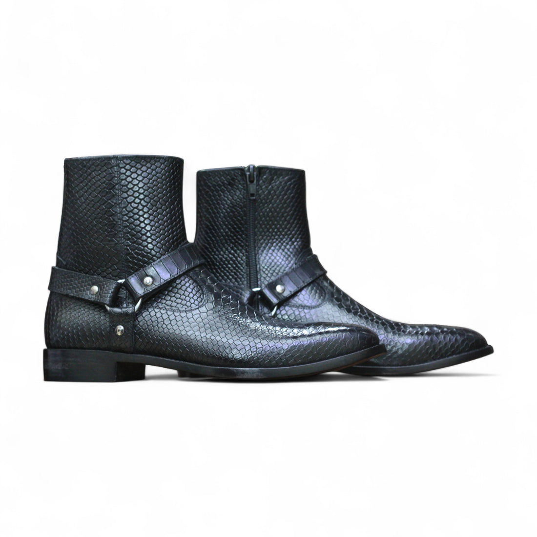 Side View – Side profile of Handmade Black Python Textured Leather Jodhpur Ankle Boots, buckle closure, premium full-grain cow-hide leather.
Alligator Harness Leathers Boots for bikers
