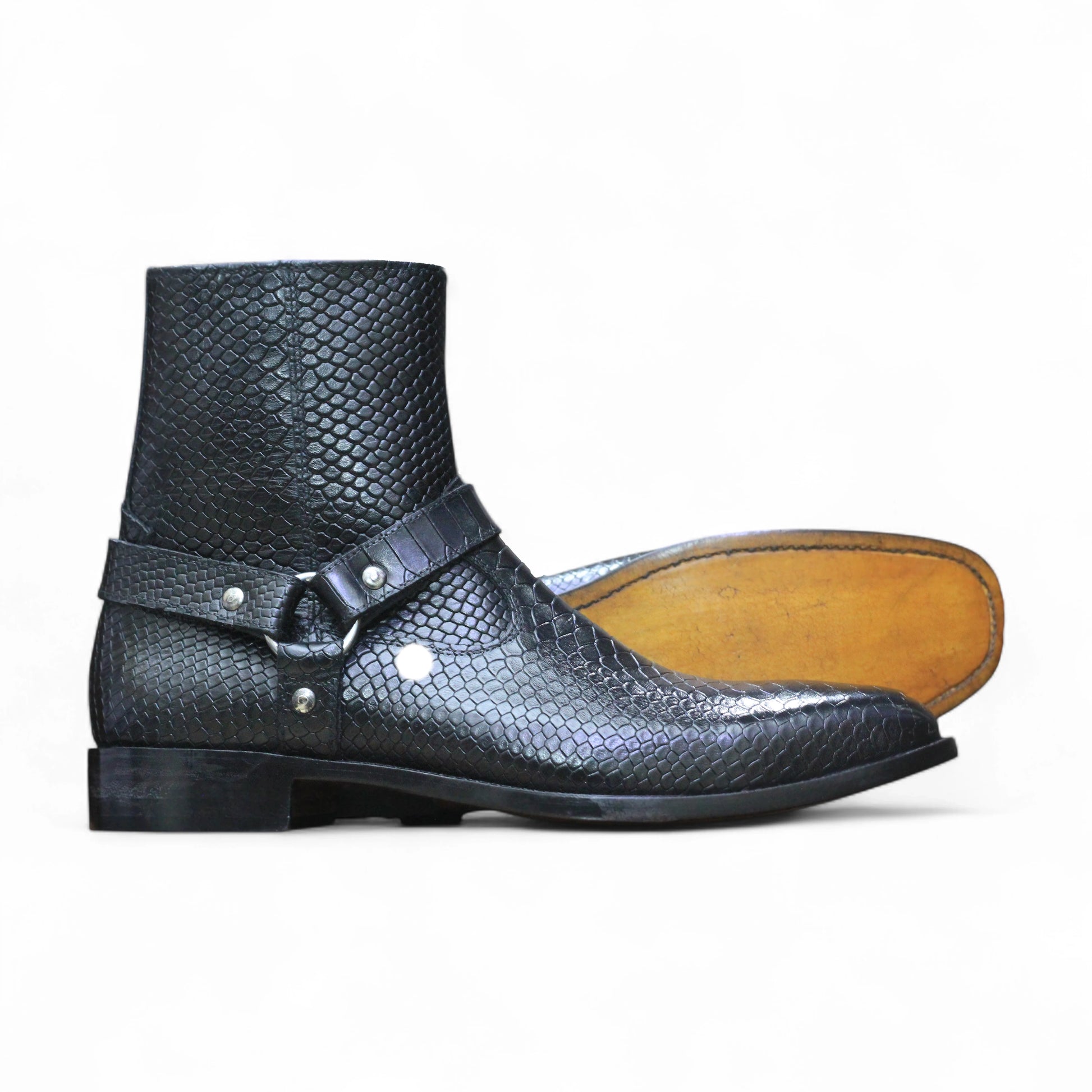 Bottom Sole View – Leather sole of Handmade Python Textured Cow-Hide Leather Boots, durable, cushioned for comfort, handcrafted design.

