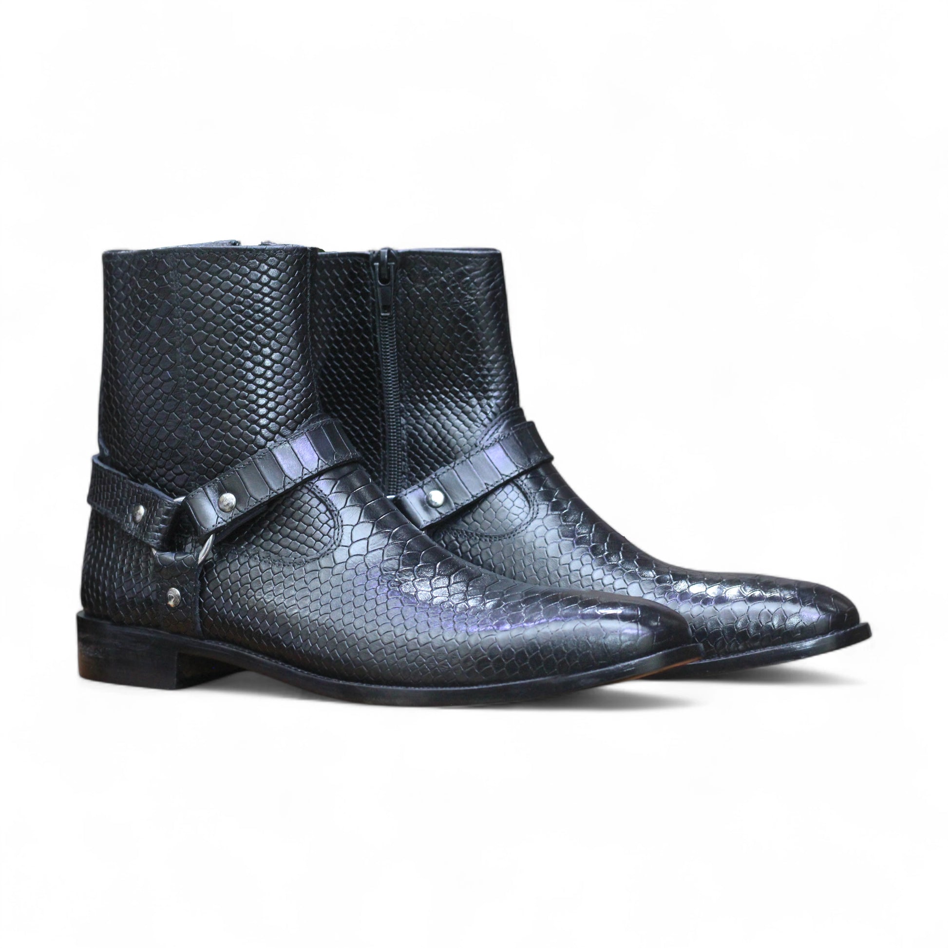 Side View – Side profile of Handmade Black Python Textured Leather Jodhpur Ankle Boots, buckle closure, premium full-grain cow-hide leather.
Alligator Harness Leathers Boots for bikers