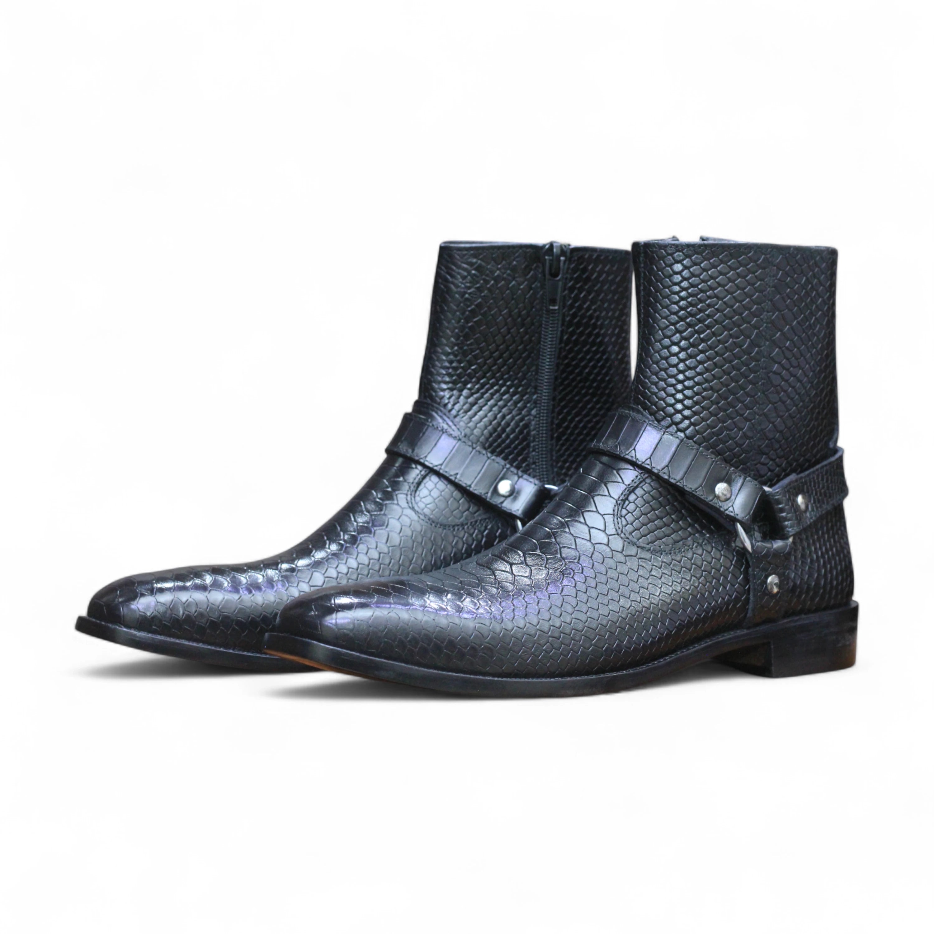 Side View – Side profile of Handmade Black Python Textured Leather Jodhpur Ankle Boots, buckle closure, premium full-grain cow-hide leather.
Harkness Boots