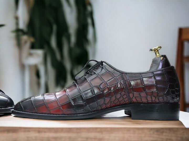 Alligator Print Leather Shoes,Ox Blood Elegant Whole Cut Shoes For Men