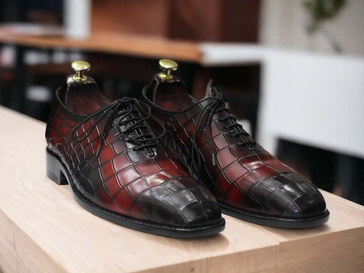 Alligator Print Leather Shoes,Ox Blood Elegant Whole Cut Shoes For Men