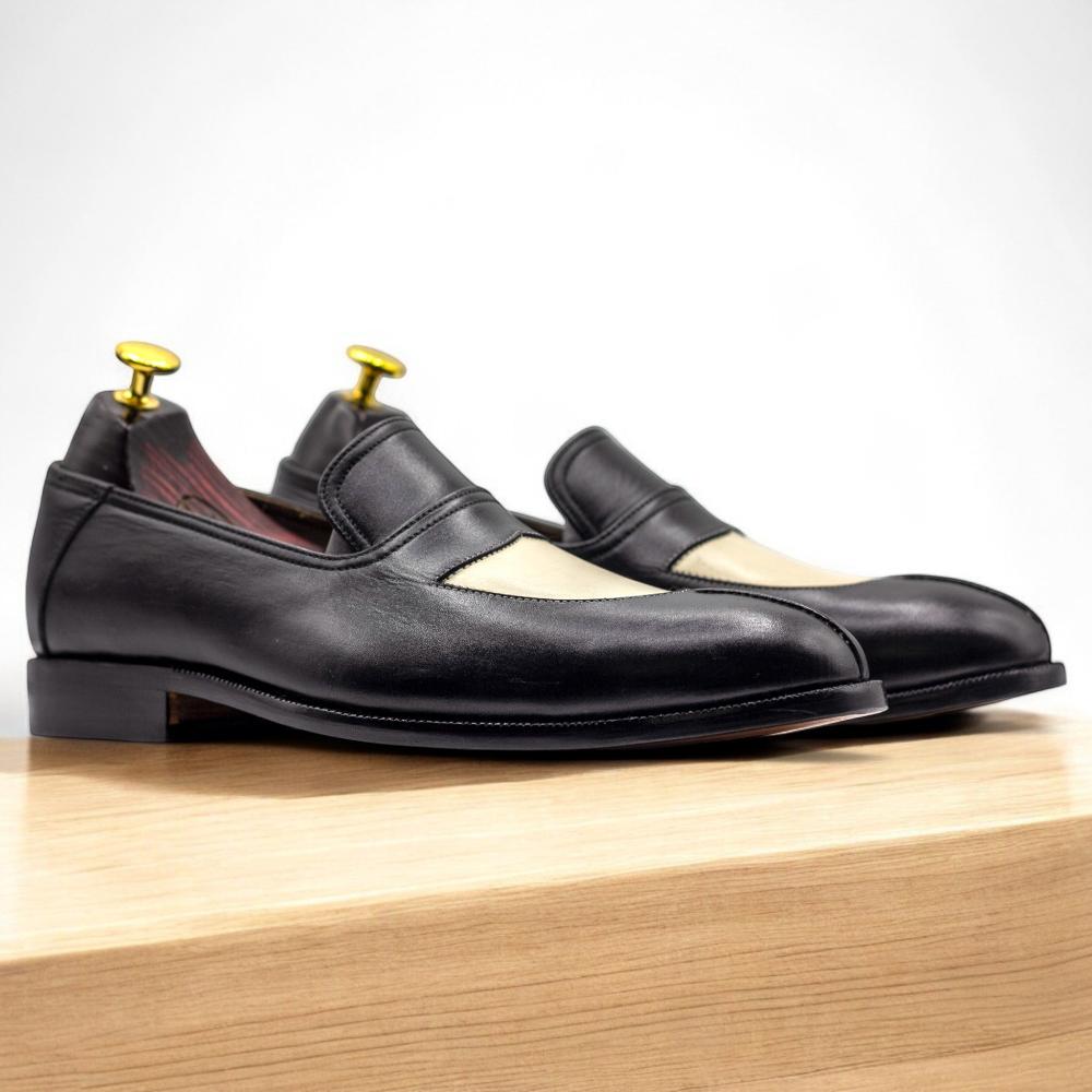 Sleek Black & White Leather Penny Loafers for Men | Stylish Contrast Design