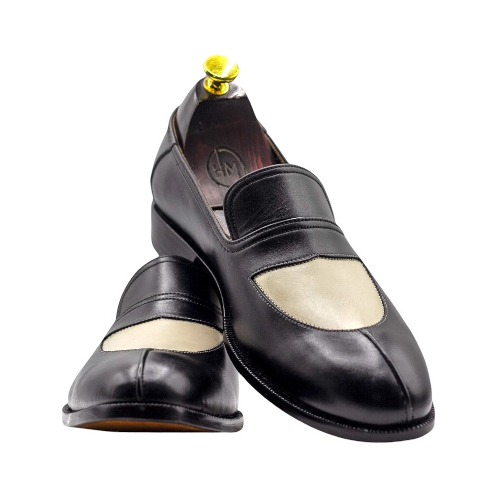 Sleek Black & White Leather Penny Loafers for Men | Stylish Contrast Design