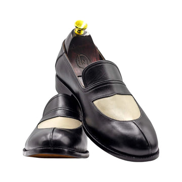 Sleek Black & White Leather Penny Loafers for Men | Stylish Contrast Design