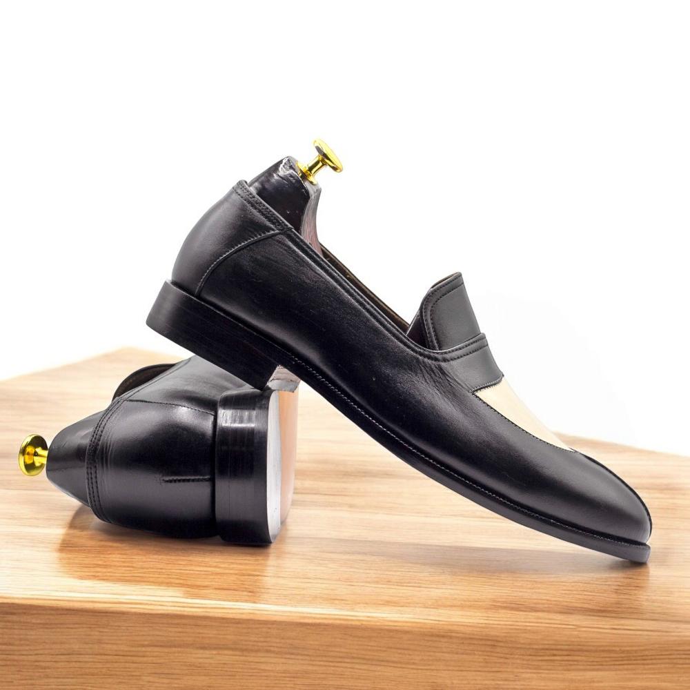 Sleek Black & White Leather Penny Loafers for Men | Stylish Contrast Design