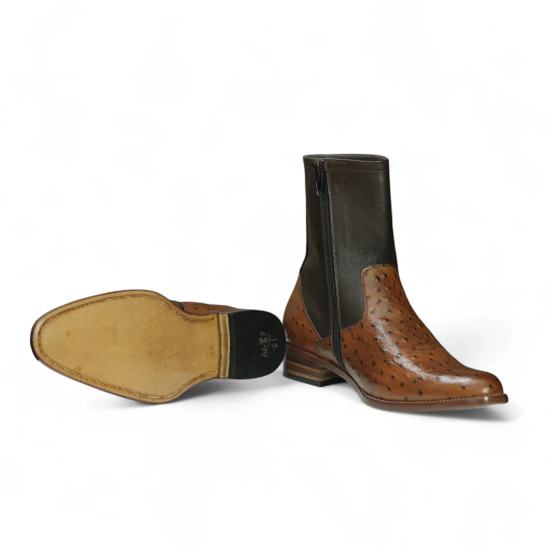 Bottom Sole View – Durable sole of Handmade Men Ostrich Print Brown Leather Boots, non-slip design with quality stitching for long-lasting wear.