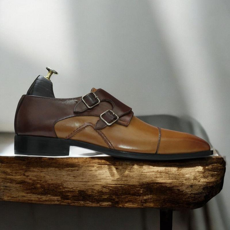 Handmade Double Monk Cap Toe Leather Shoes in Tan Brown for Men - Available in USA Sizes 5 to 15 - Premium Leather, Double Monk Strap