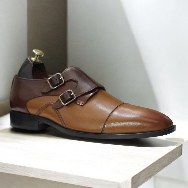Handmade Double Monk Cap Toe Leather Shoes in Tan Brown for Men - Available in USA Sizes 5 to 15 - Premium Leather, Double Monk Strap