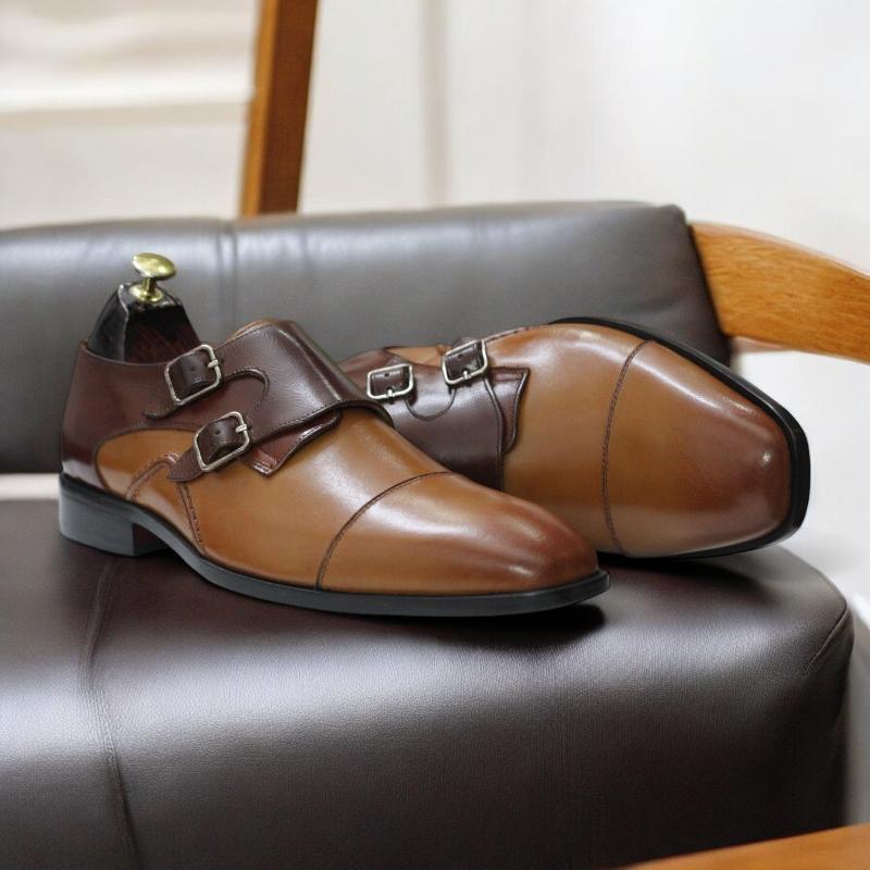Handmade Double Monk Cap Toe Leather Shoes in Tan Brown for Men - Available in USA Sizes 5 to 15 - Premium Leather, Double Monk Strap