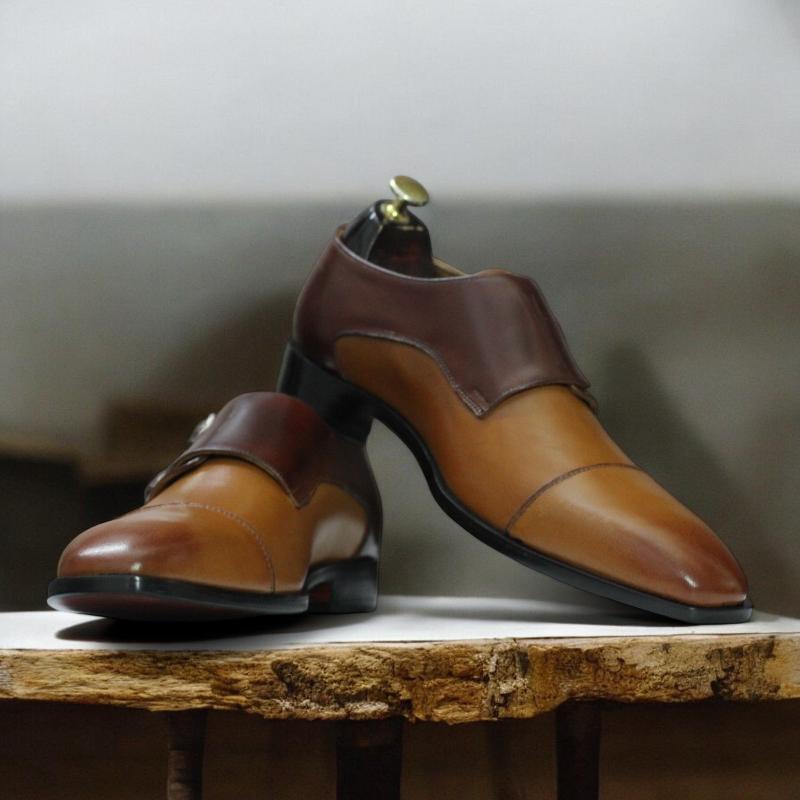 Handmade Double Monk Cap Toe Leather Shoes in Tan Brown for Men - Available in USA Sizes 5 to 15 - Premium Leather, Double Monk Strap