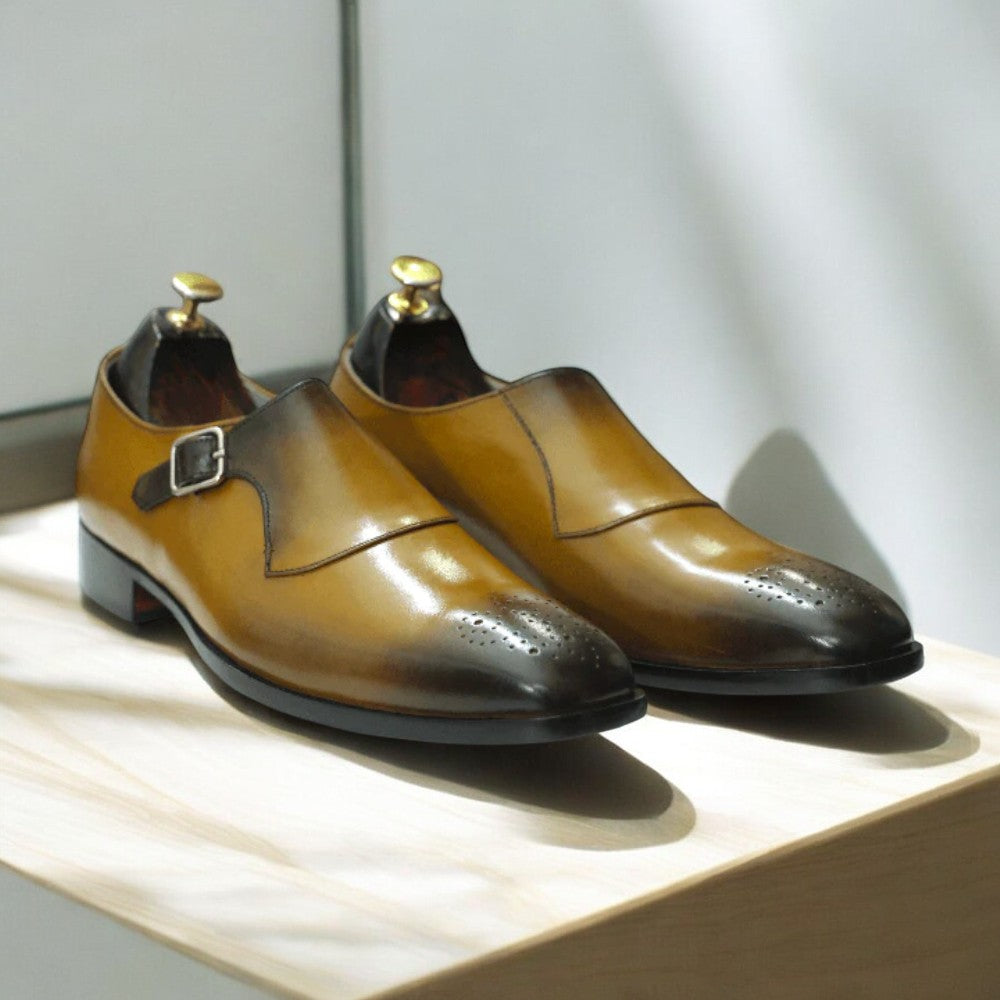 Men's Tan Premium Leather Single Strap Monk Shoes – Formal Footwear