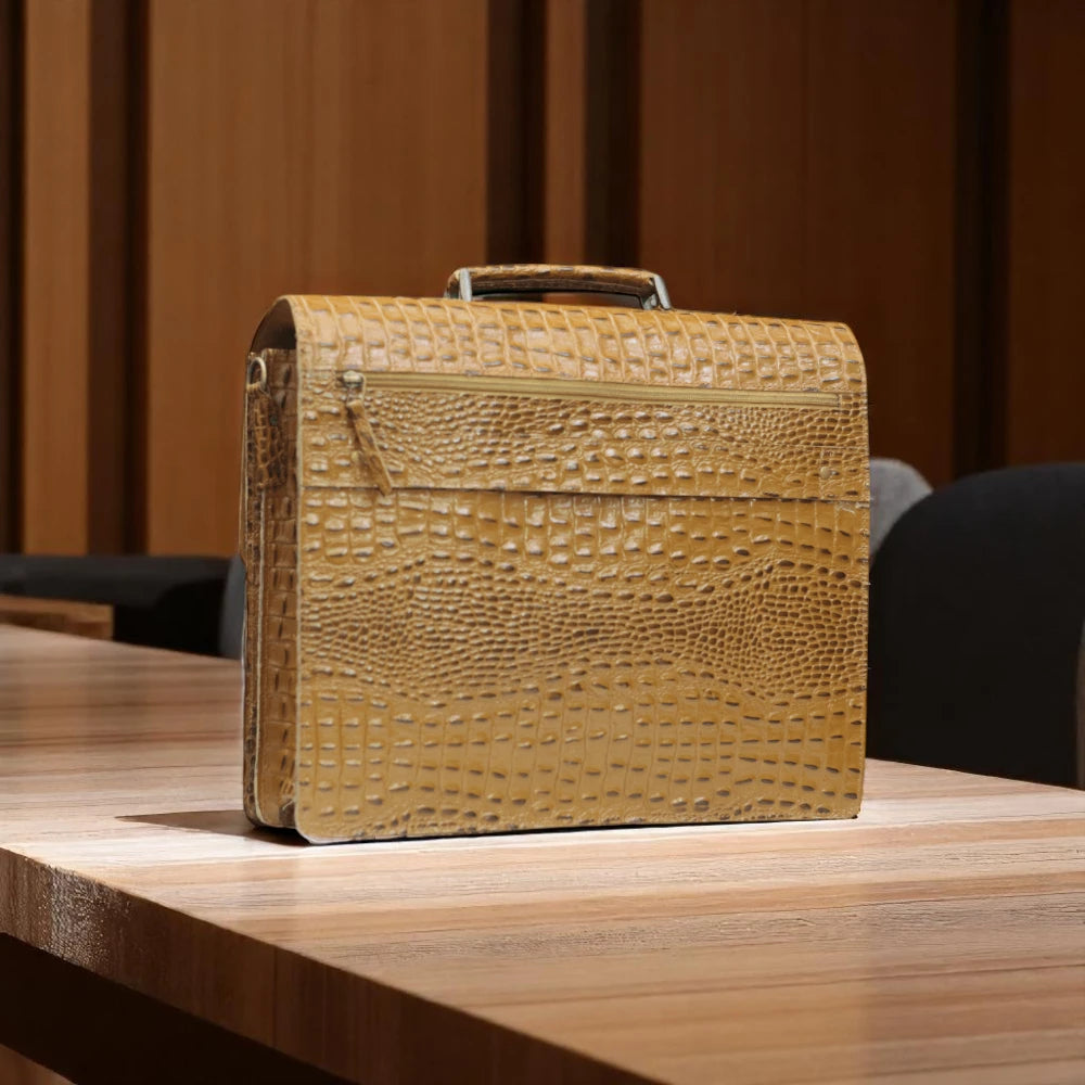 Expertly crafted with genuine alligator print leather, this handmade tan bag is perfect for the office or daily use. Its spacious design can accommodate a laptop, making it the ideal choice for tech-savvy professionals. A sophisticated and stylish choice for men, this bag is sure to elevate any outfit.