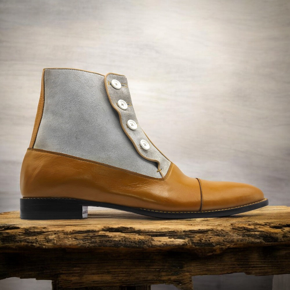 Men's Handmade Two Tone Leather Suede Button Boot showcasing a stylish two-tone design with button closure and premium materials.