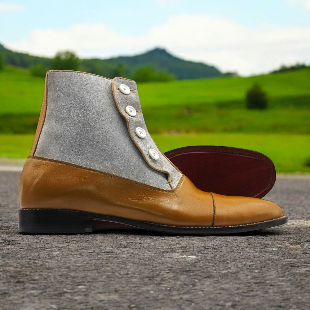Men's Handmade Two Tone Leather Suede Button Boot showcasing a stylish two-tone design with button closure and premium materials.