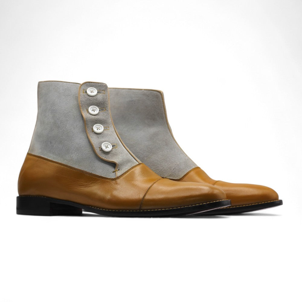 Men's Handmade Two Tone Leather Suede Button Boot showcasing a stylish two-tone design with button closure and premium materials.