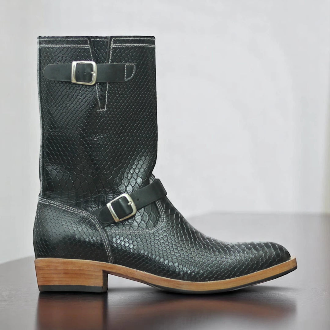 Side View – Side Profile of Black Python Leather Boots

