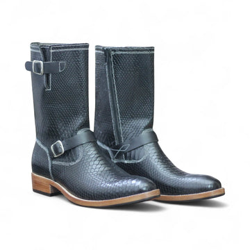 Front View – Handmade Black Python Engineer Boots Front Angle

