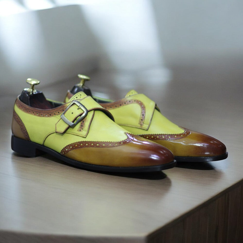 Two Tone Monk Shoes featuring a classic design with contrasting colors, showcasing high-quality leather and elegant buckles.