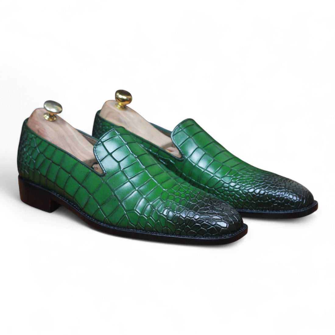 Men's handmade green alligator texture loafer side view

