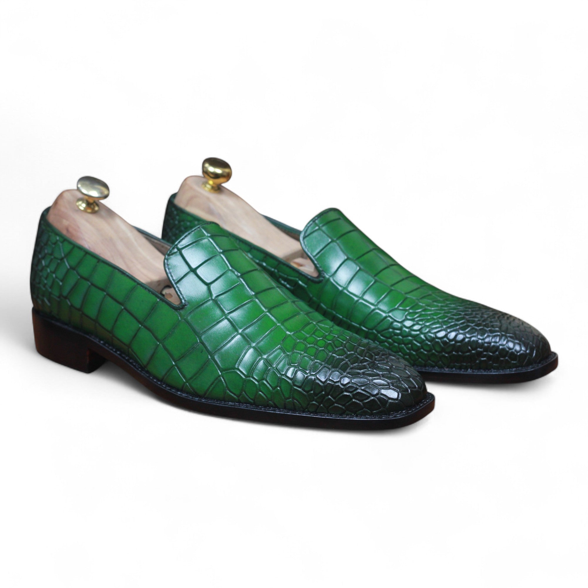 Men's Handmade Green Alligator Texture Loafer Shoes