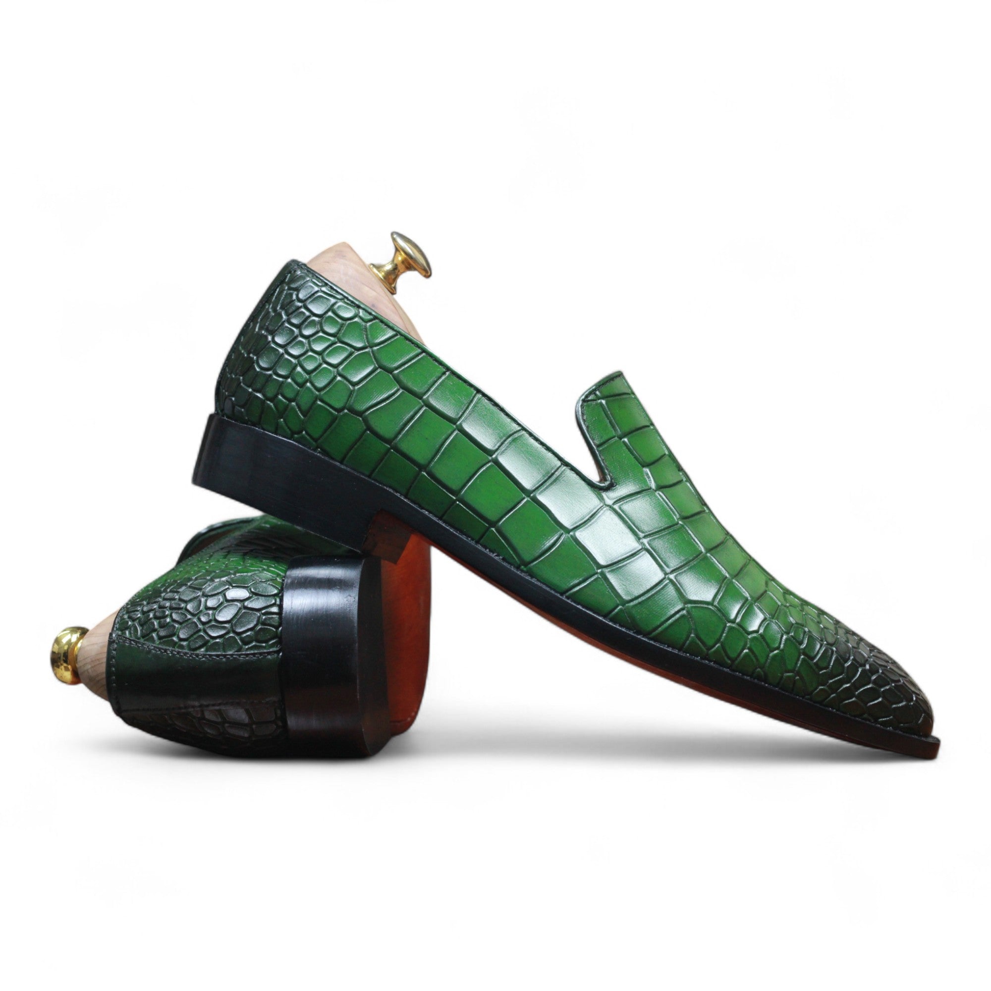 Unique handcrafted loafers with green alligator print

