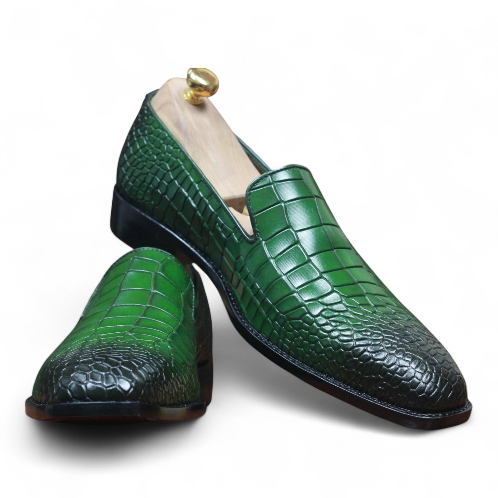 Men's premium green alligator loafers for formal wear

