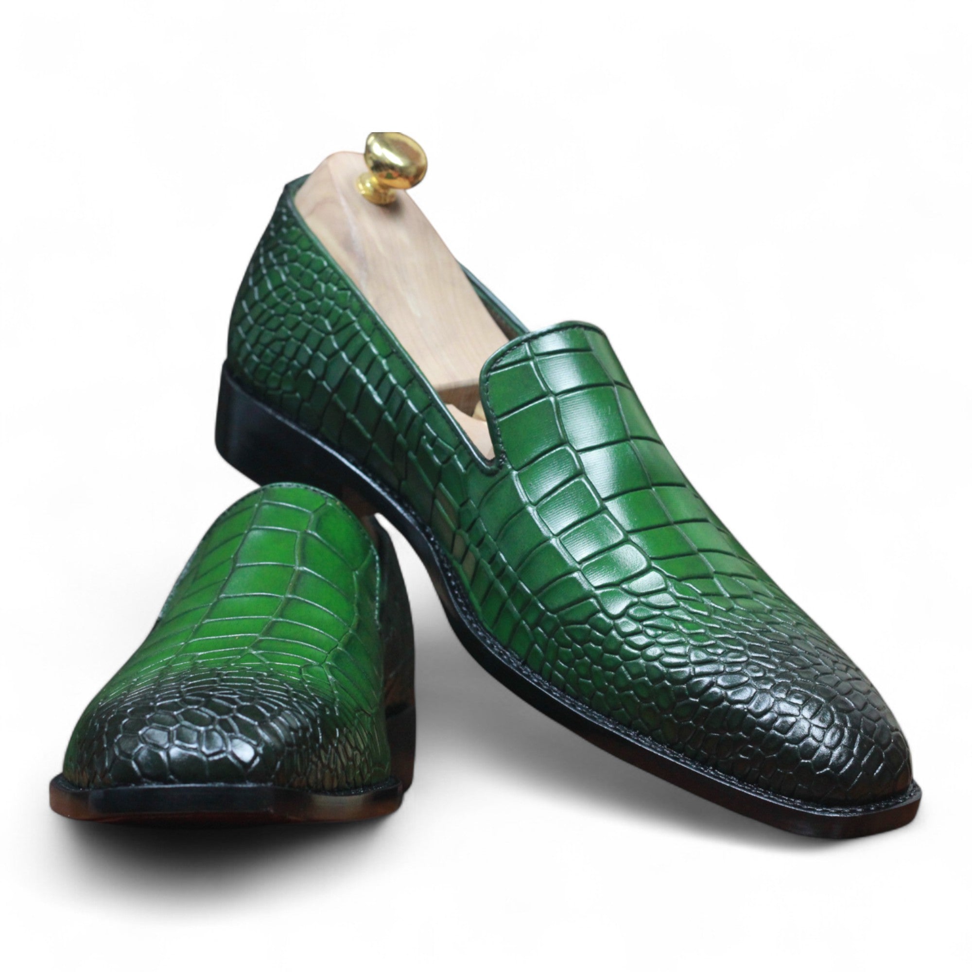 Men's premium green alligator loafers for formal wear

