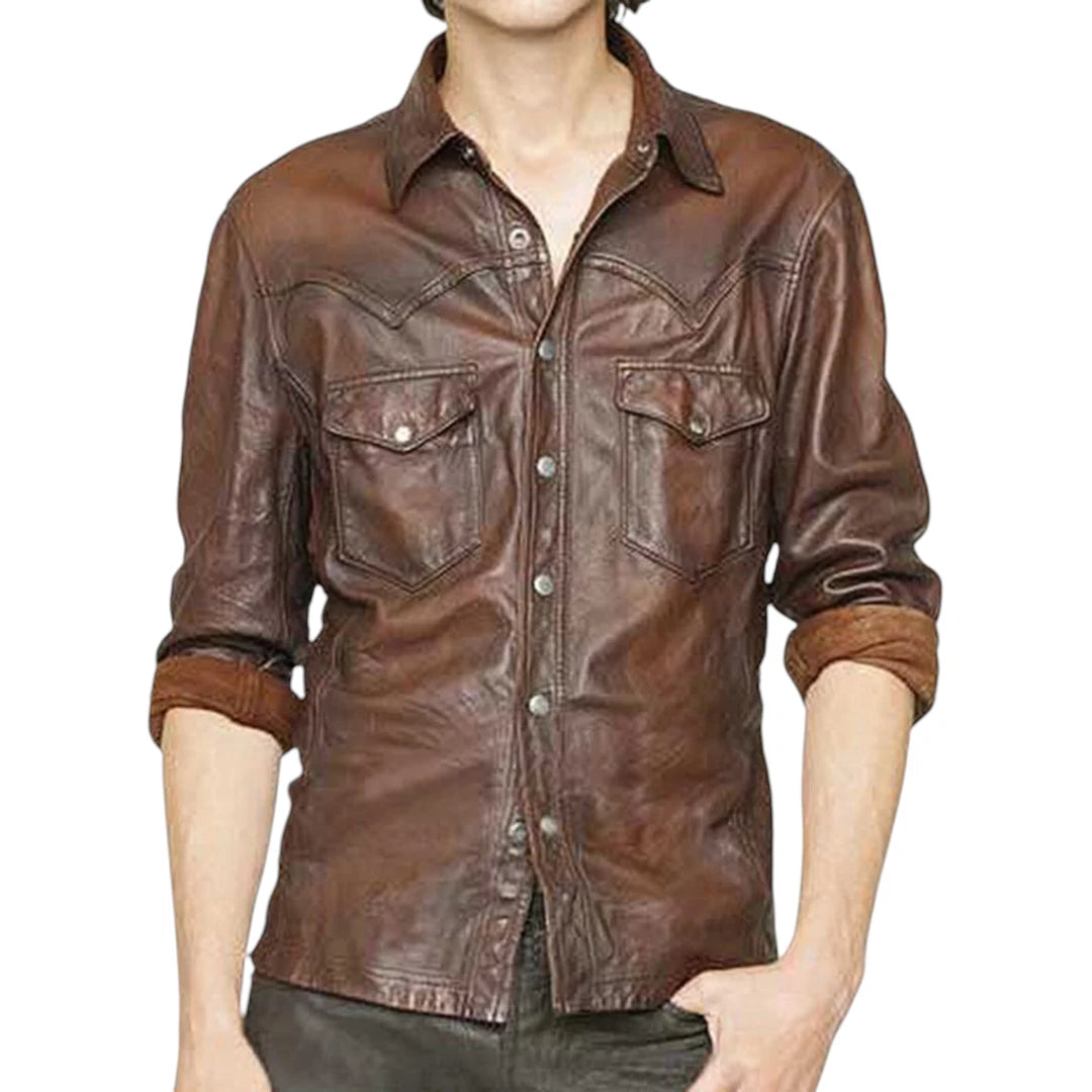 Brown leather shirt worn by a person on a white background