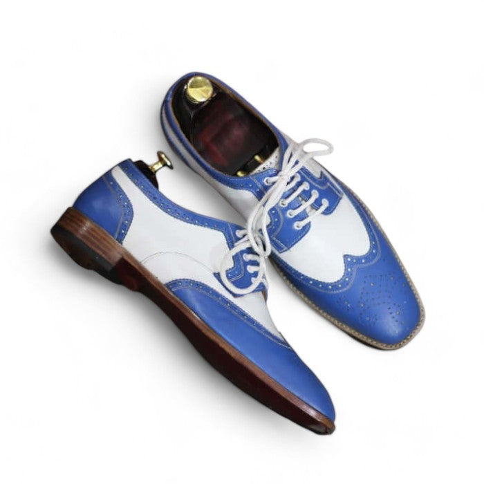 Men's blue and white leather derby lace-up designer dress shoes.